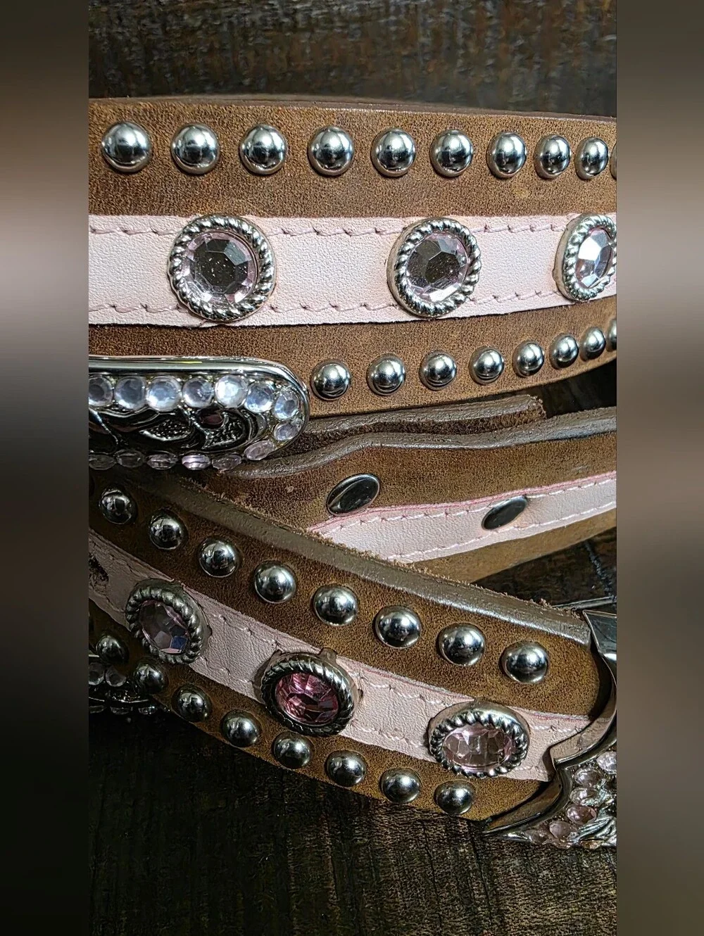 Leather Blingy Pink Rhinestone Studded Floral Buckle Cowgirl Belt XL